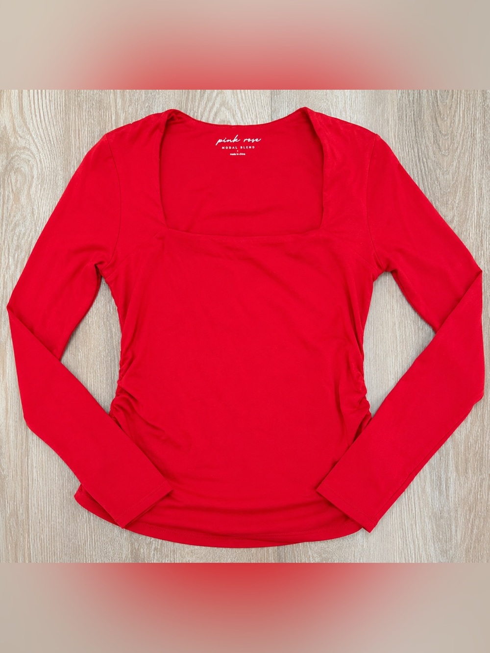 Pink Rose Square Neck Long Sleeve Top Red Modal Blend Stretch Large